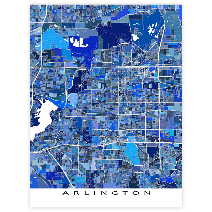 Map of Arlington in blue tones on a white background