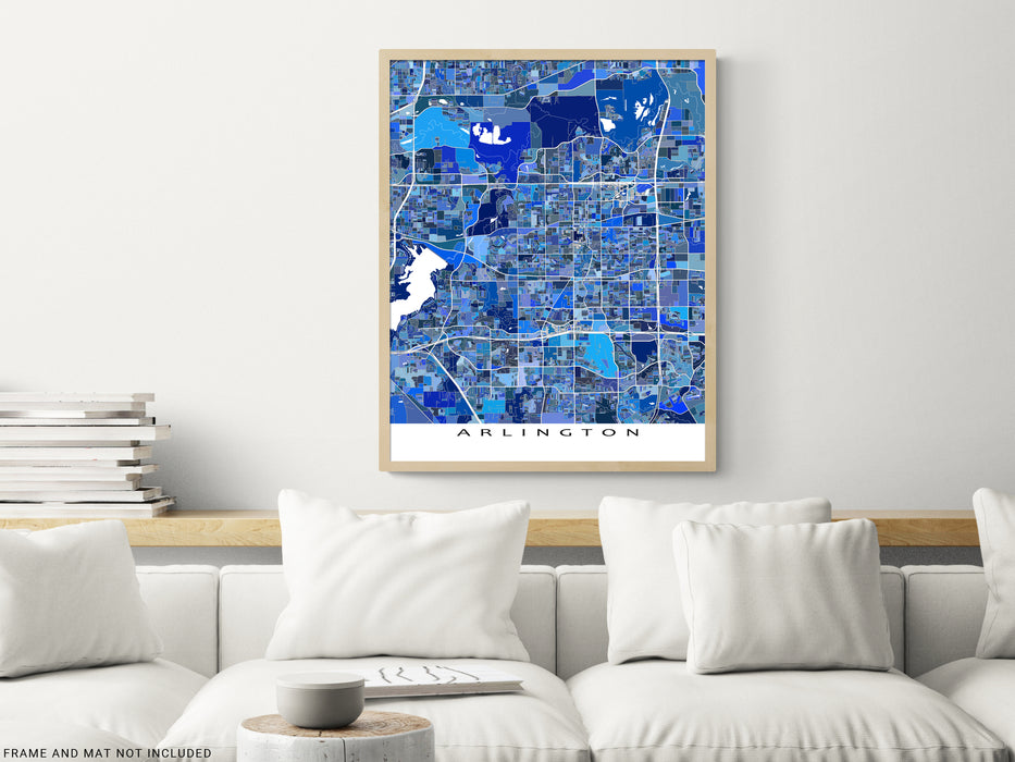 Arlington, Texas map art print in blue shapes designed by Maps As Art.