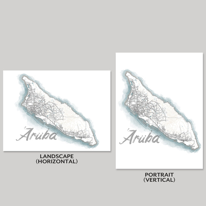 Two maps of Aruba, one in landscape and one in portrait orientation, on a gray background.