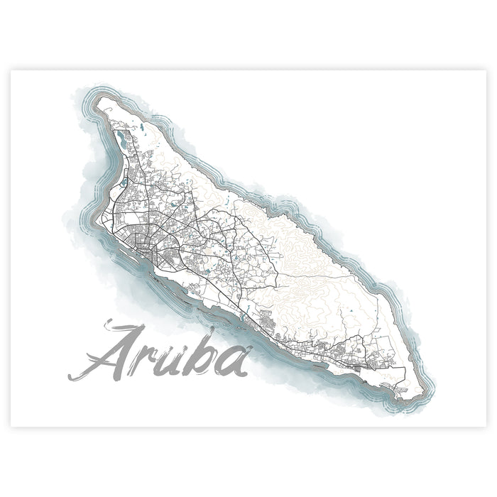 Map of Aruba with a light blue outline on a white background