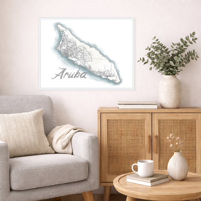 Living room with a map of Aruba on the wall, a couch, and a wooden cabinet.