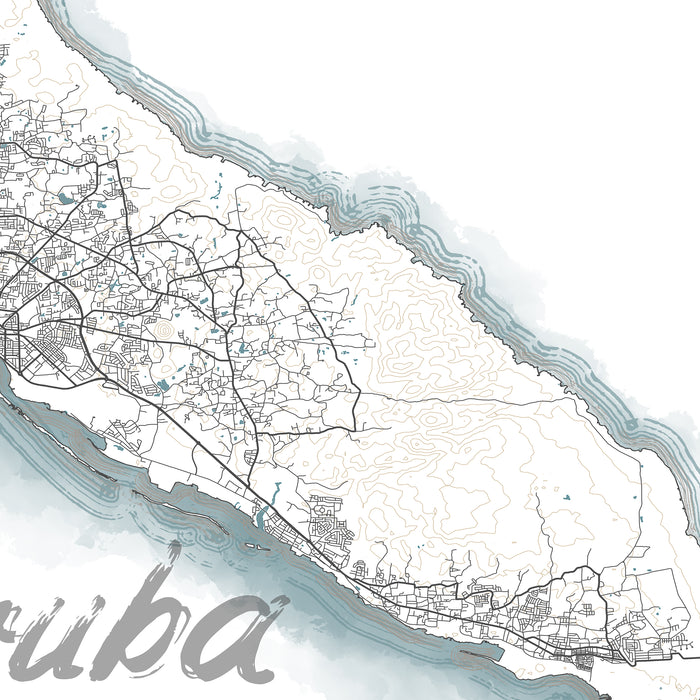 Map of a city with roads and water bodies, featuring the word 'Aruba'.