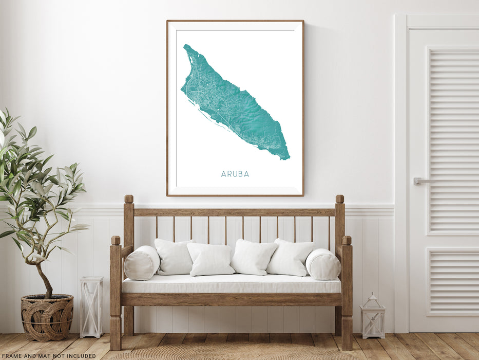 Aruba island map print with a turquoise topographic design by Maps As Art.