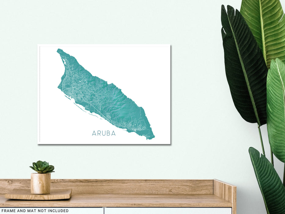 Aruba island map print with a turquoise topographic design by Maps As Art.