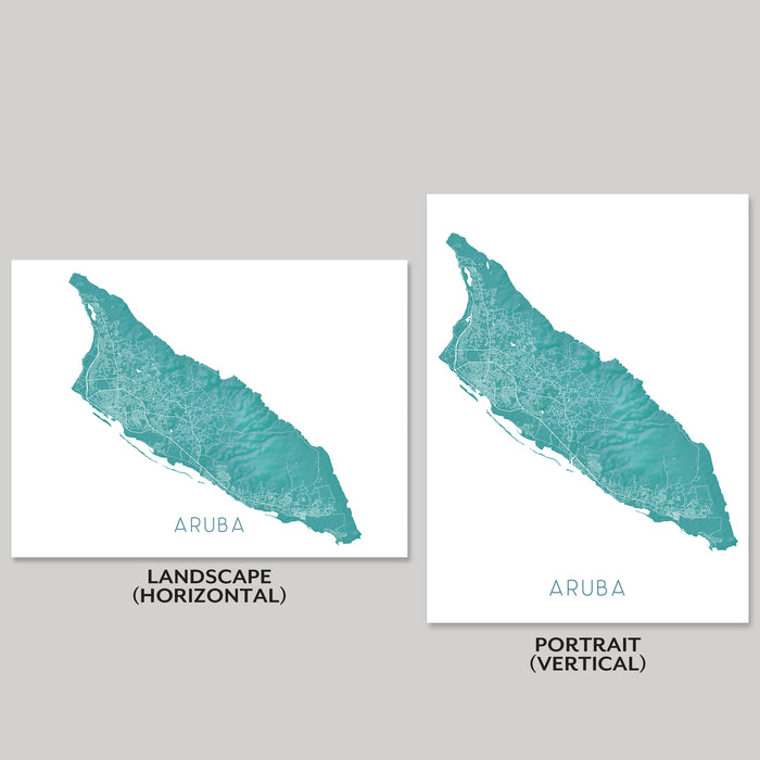 Two maps of Aruba, one in landscape and one in portrait orientation, on a gray background.