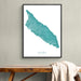 Framed map of Aruba on a wall above a wooden bench.