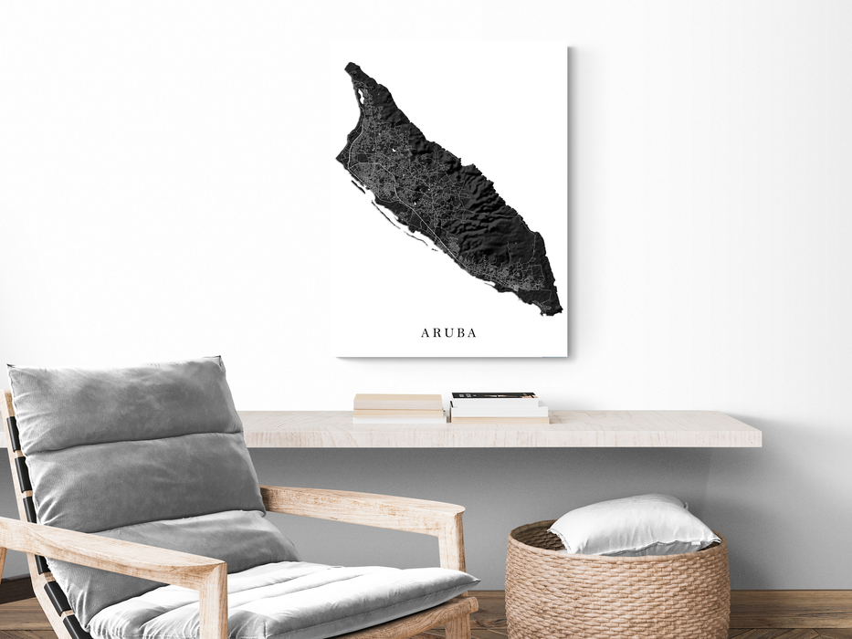 Aruba island map print with a black and white topographic landscape design by Maps As Art.