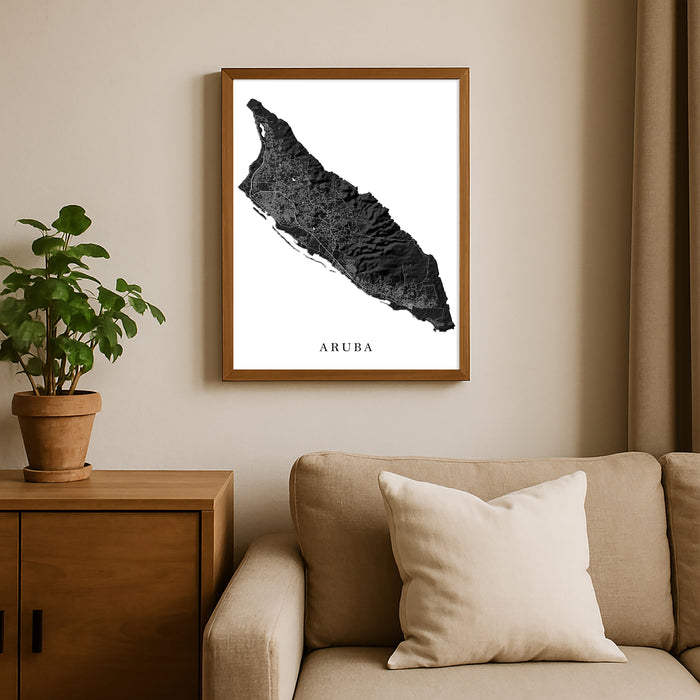 Framed map of Aruba on a wall above a sofa with a plant beside it.