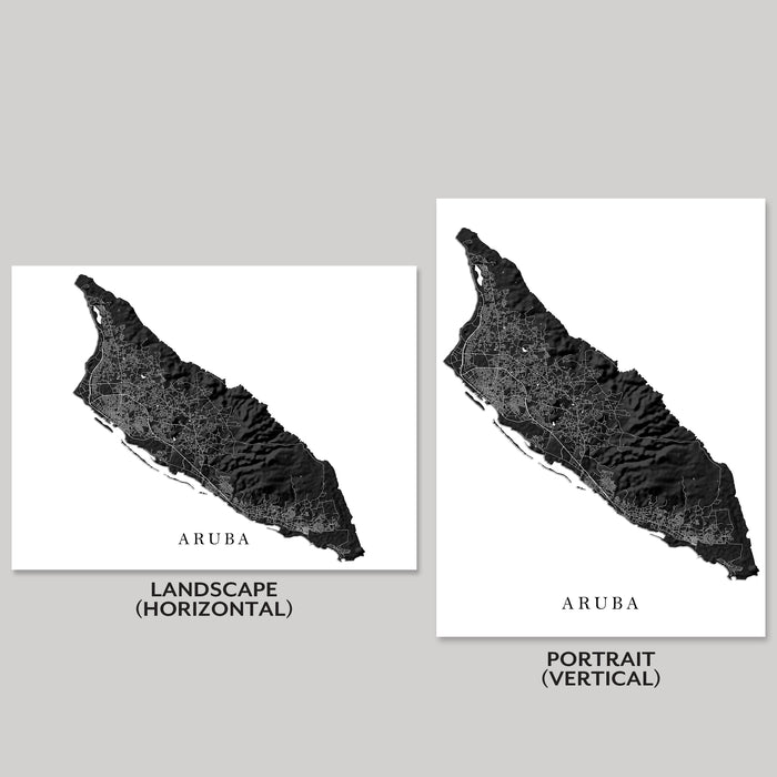 Two black and white maps of Aruba, one in landscape and one in portrait orientation, on a gray background.