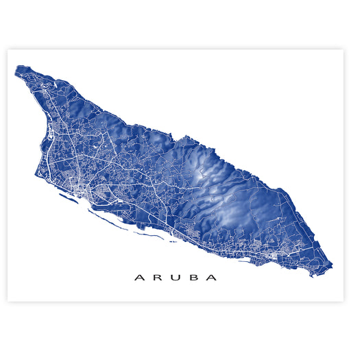 Map of Aruba in blue on a white background