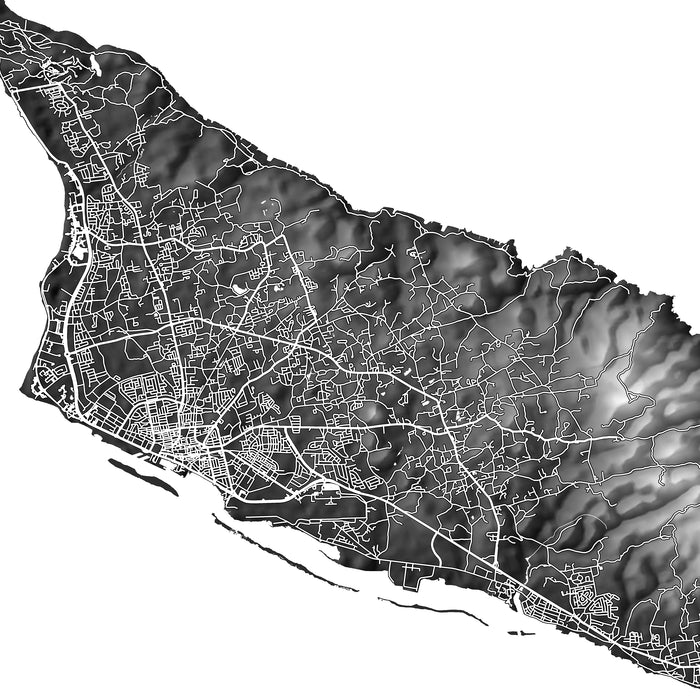 Black and white map of a coastal area with roads and topography.