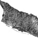Black and white map of a coastal area with roads and topography.