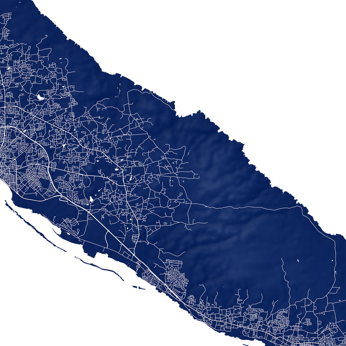 Map of a coastal area with roads and urban infrastructure on a blue background