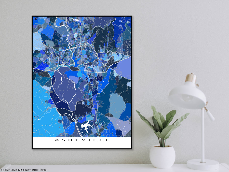Asheville, North Carolina map art print in blue shapes designed by Maps As Art.