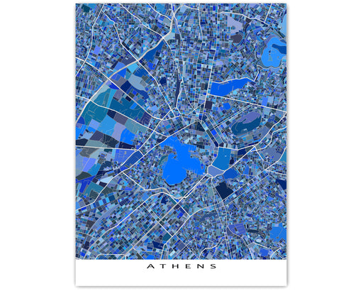 Athens, Greece map art print in blue shapes designed by Maps As Art.