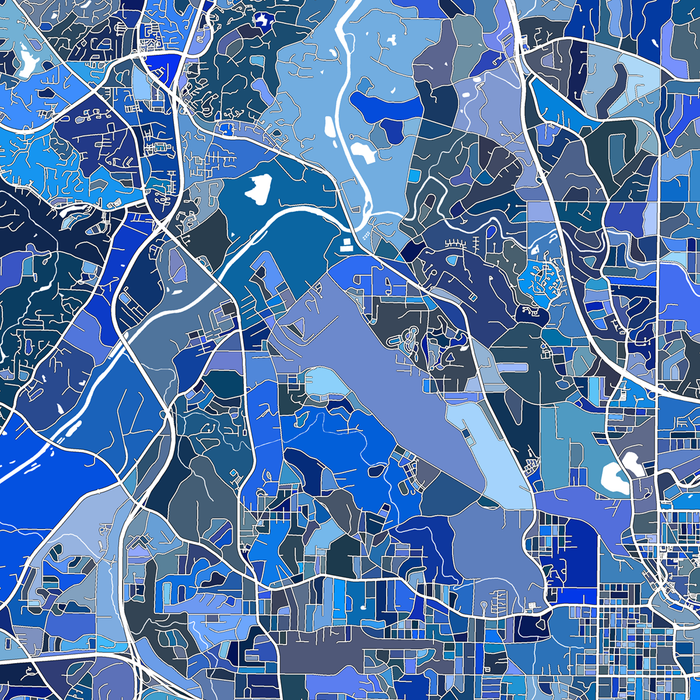 Map of a city with blue and black color coding
