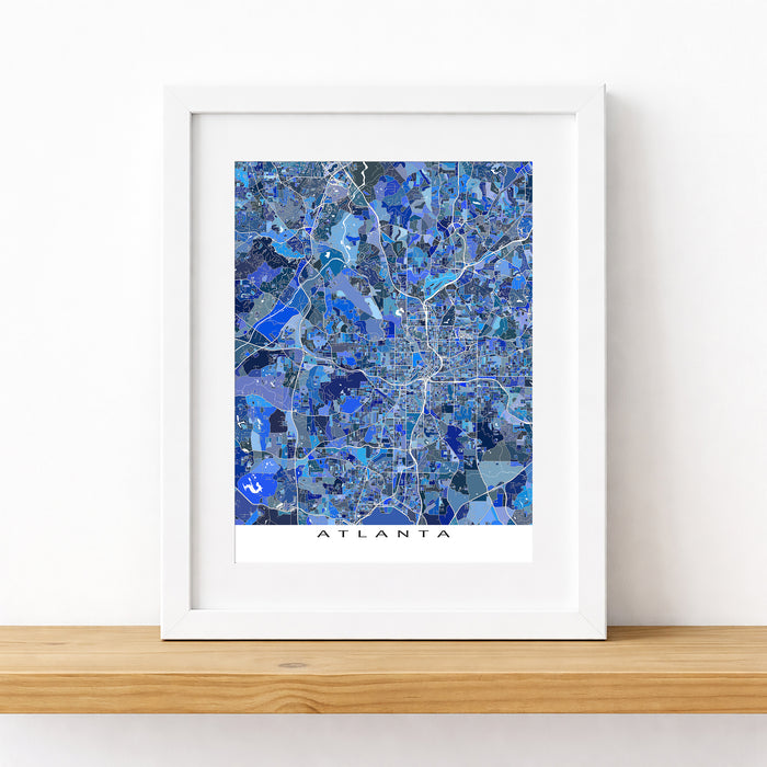 Framed map of Atlanta with a blue mosaic design on a white background