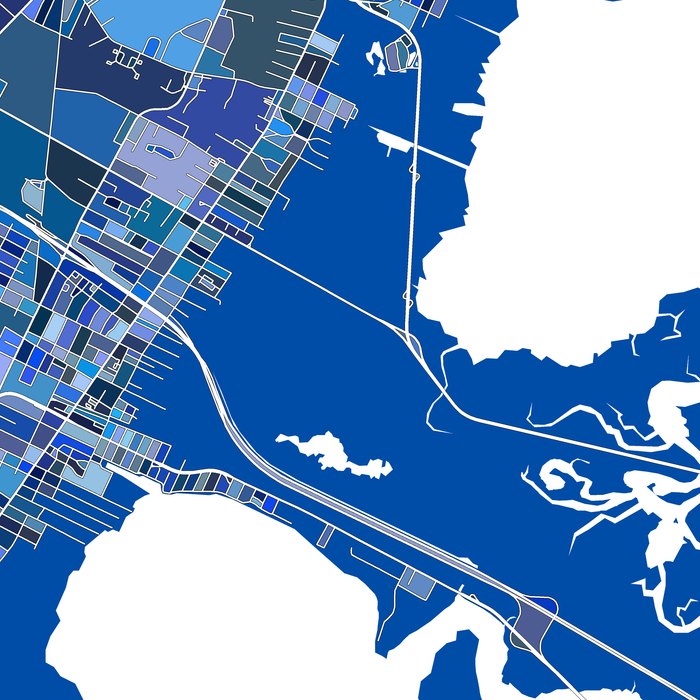 Map of a city with blue and white colors