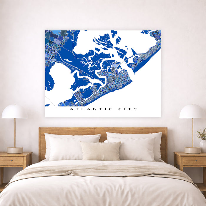 Map of Atlantic City on a wall above a bed in a bedroom setting