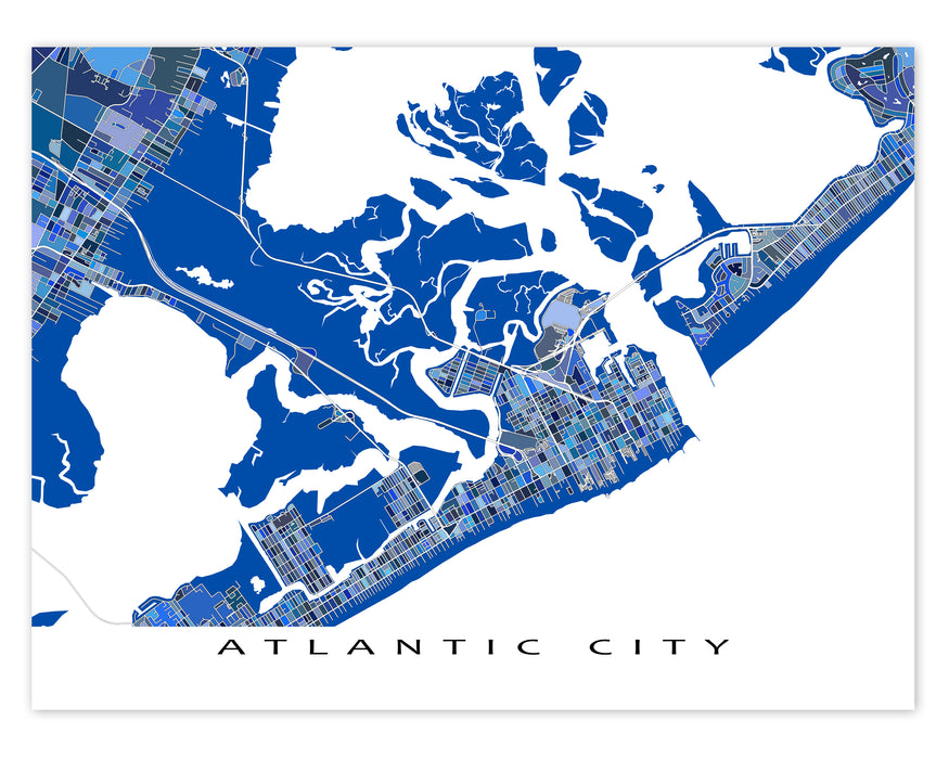 Atlantic City, New Jersey map art print in blue shapes designed by Maps As Art.