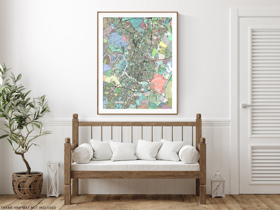 Austin, Texas map art print in colourful shapes designed by Maps As Art.