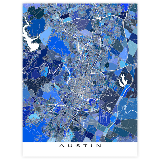 Map of Austin in blue tones on a white background