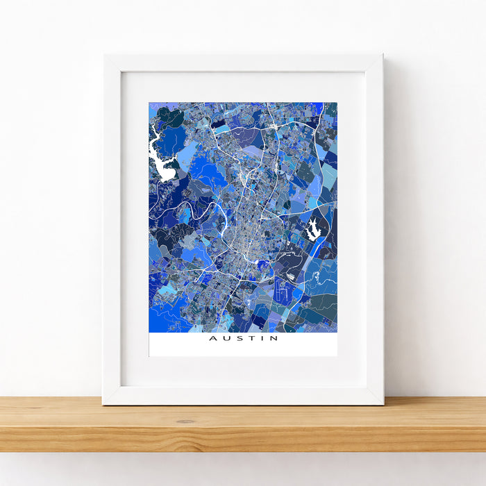Framed map of Austin with a blue color scheme on a white background
