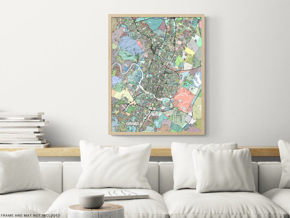 Austin, Texas map art print in colourful shapes designed by Maps As Art.