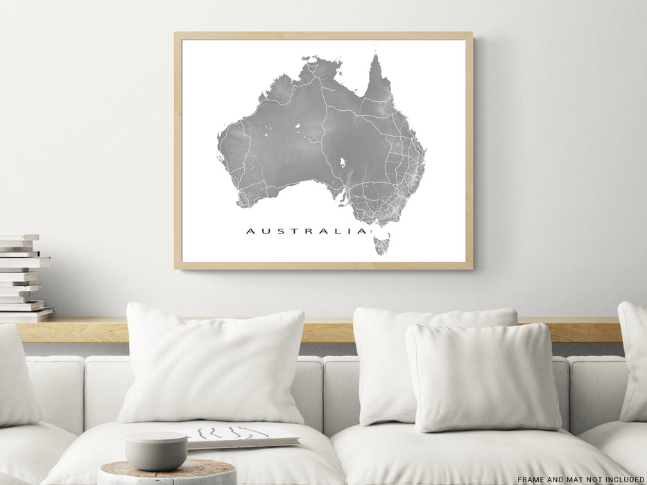 Australia map print with natural landscape and main roads designed by Maps As Art.