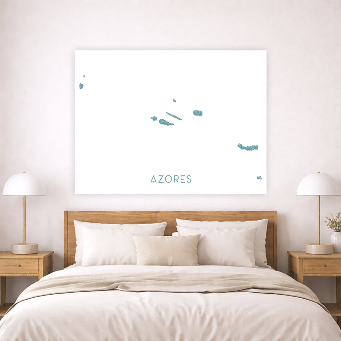 Bedroom with a map of Azores on the wall above a bed.