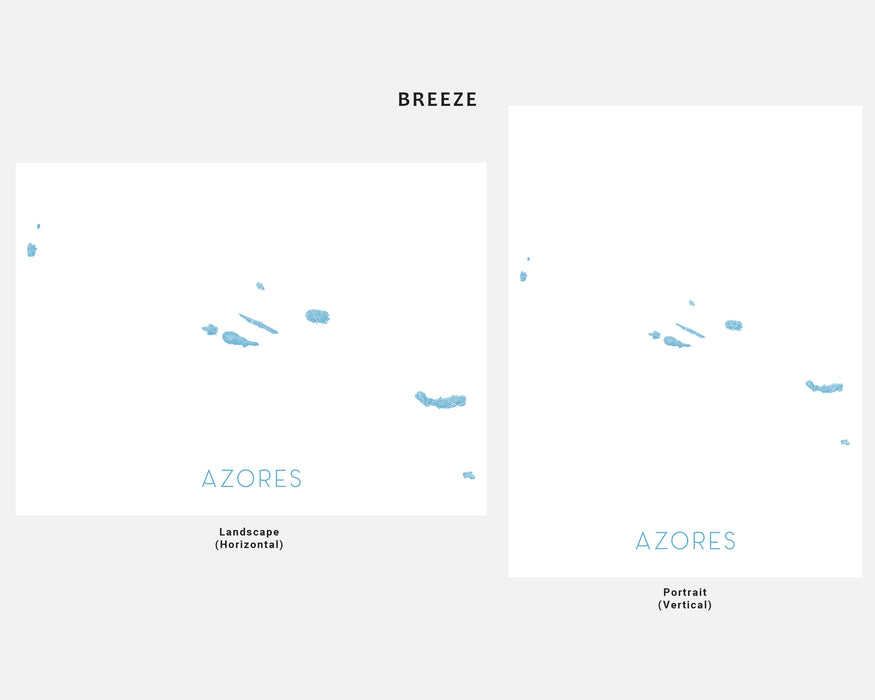 Two design layouts labeled 'Landscape' and 'Portrait' with 'AZORES' branding on a white background.