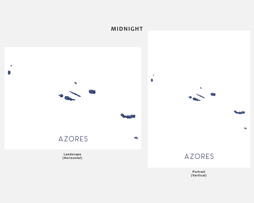 Two map images of the Azores with 'Midnight' and 'Portrait' orientations.