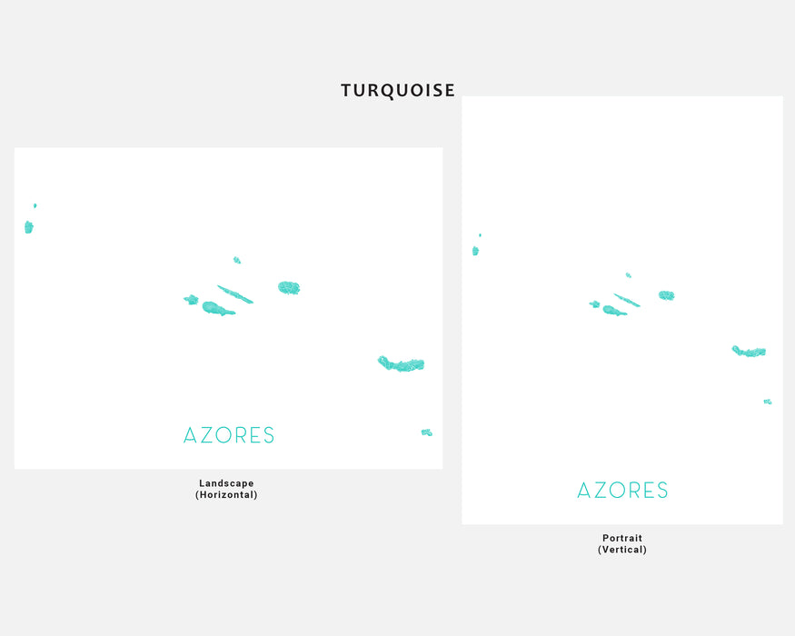 Two turquoise graphics labeled 'AZORES' with 'Landscape (Horizontal)' and 'Portrait (Vertical)' on a white background.