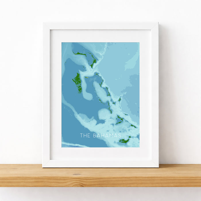 Framed map of The Bahamas on a white wall