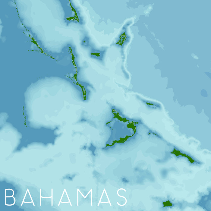 Topographic map of the Bahamas with green islands and blue water.