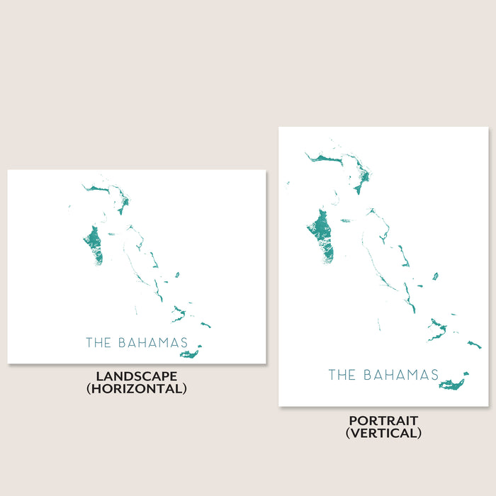 Two maps of The Bahamas, one in landscape and one in portrait orientation, on a beige background.