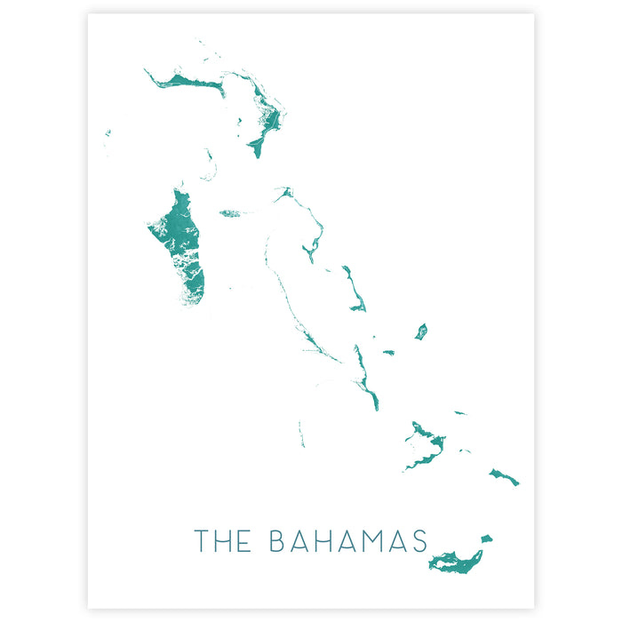 Map of The Bahamas in teal on a white background