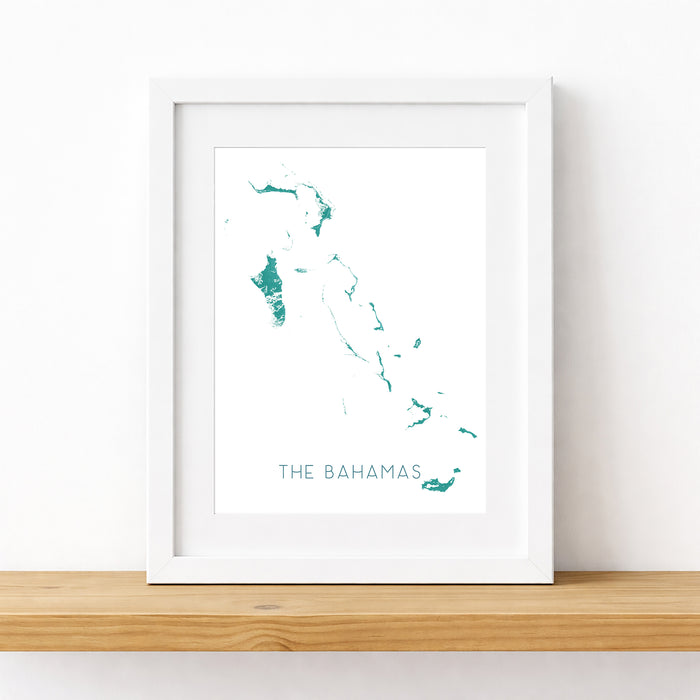 Framed map of The Bahamas on a white wall