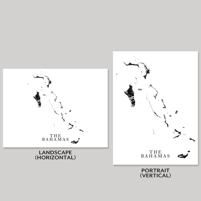 Two maps of The Bahamas, one landscape and one portrait orientation, on a gray background.