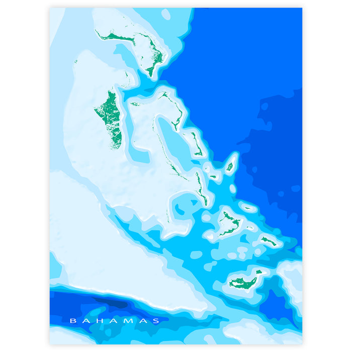 Map of the Bahamas with blue and green colors on a white background