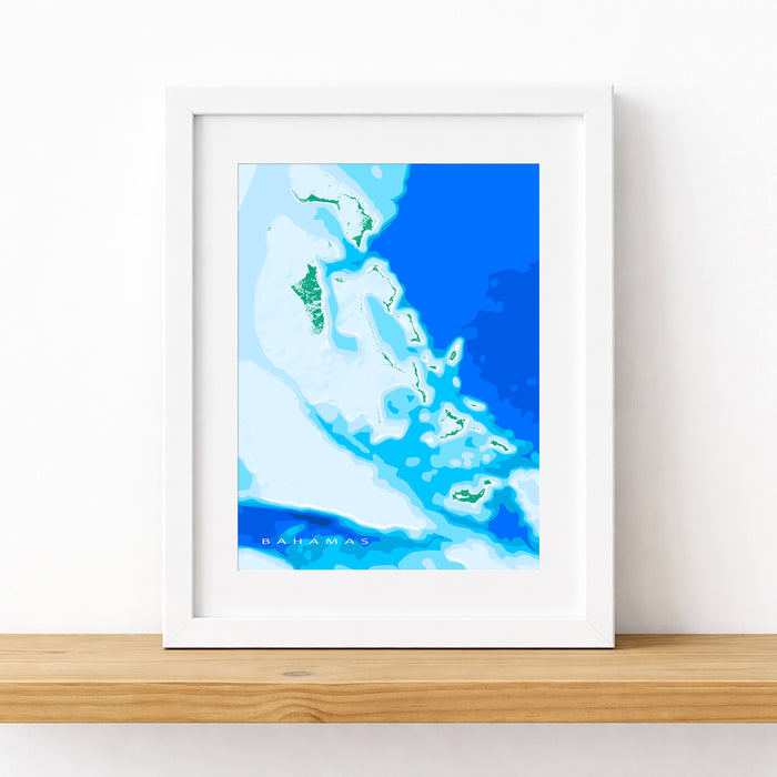 Framed map of the Bahamas on a white wall
