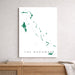 Map of The Bahamas on a white wall above a wooden shelf.