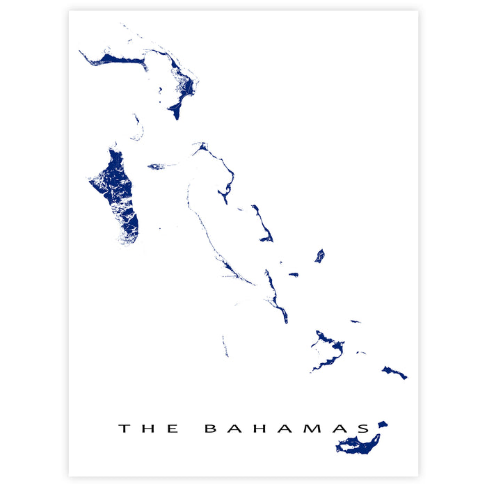 Map of The Bahamas in blue on a white background