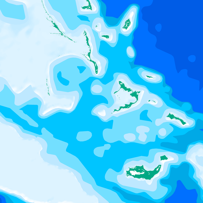 Cartoon-style map of a tropical island with blue water and green landmasses.