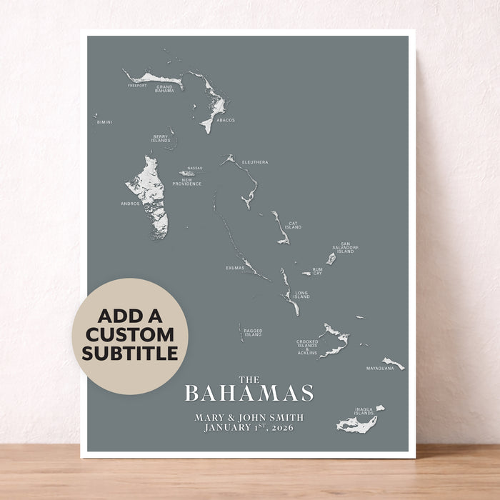 Map of The Bahamas on a gray background with customizable text.