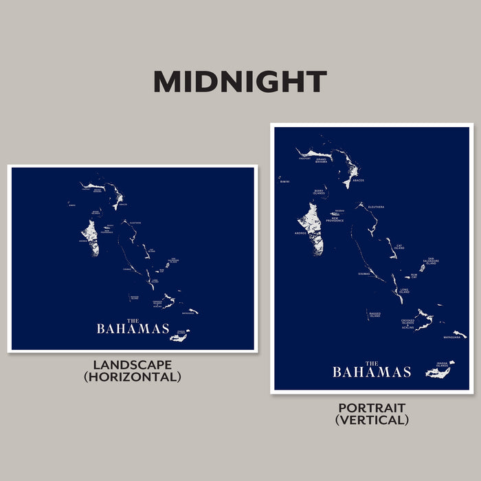 Two maps of The Bahamas on a gray background, labeled 'Landscape (Horizontal)' and 'Portrait (Vertical)'.