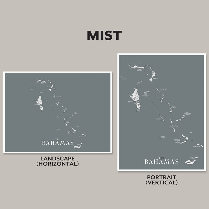 Two map prints of The Bahamas on a gray background with 'MIST' branding.