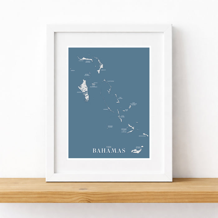 Framed map of The Bahamas on a white wall