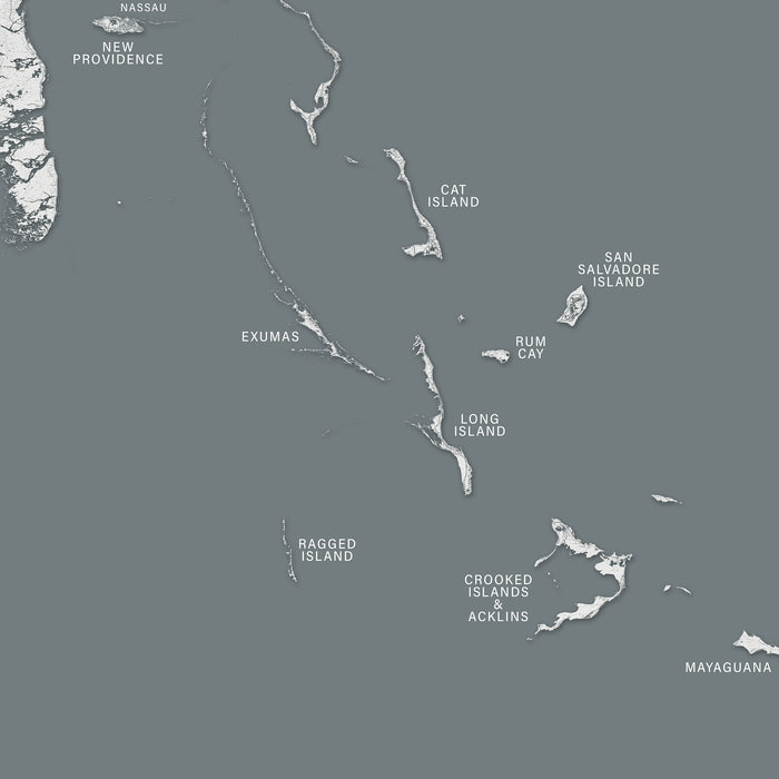 Map of the Bahamas with island names labeled on a gray background