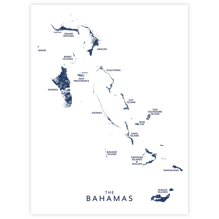 Map of The Bahamas with island names on a white background